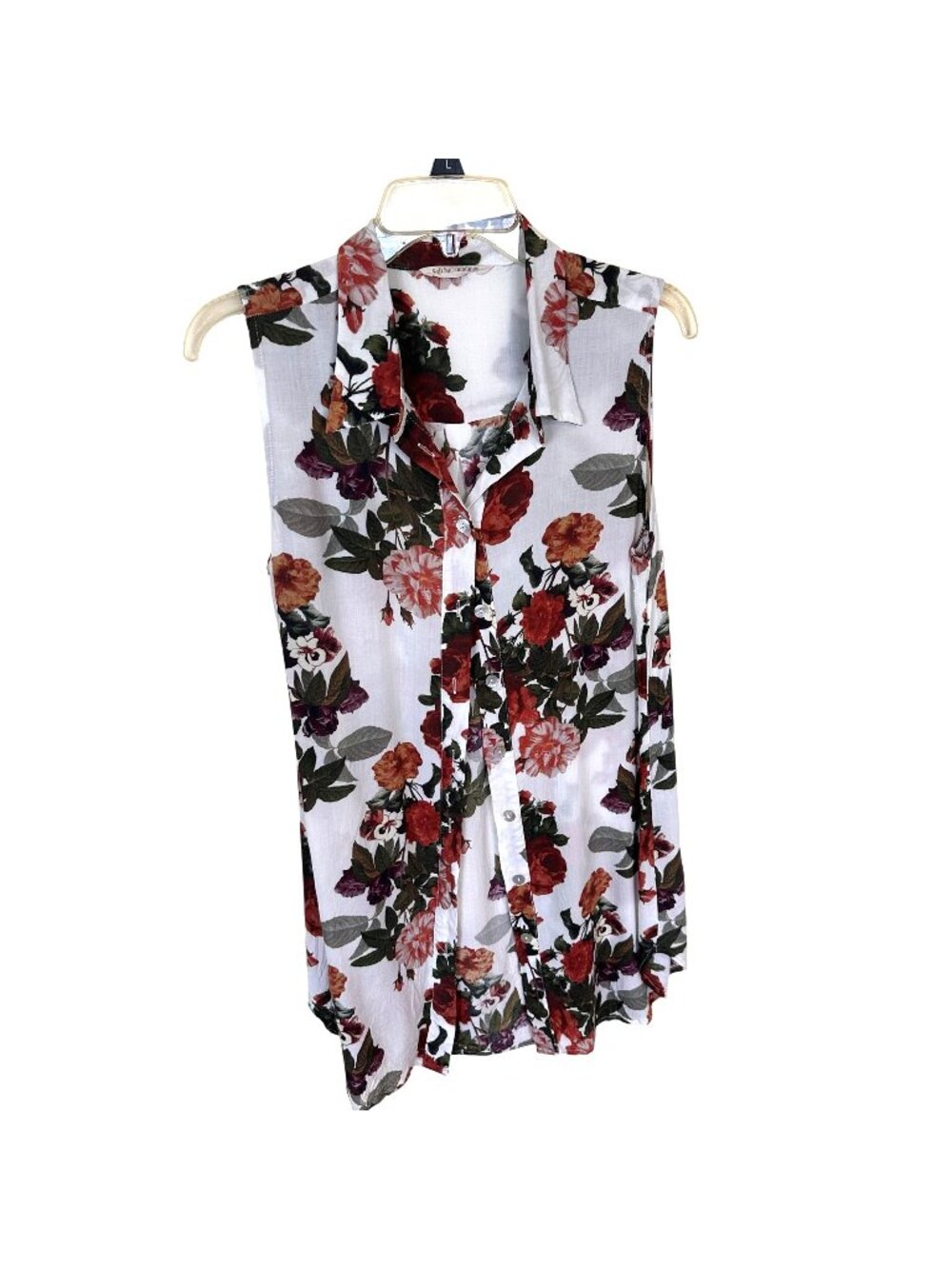Soft Surroundings Womens Sleeveless Tunic Top Button Up Floral Blouse White Med